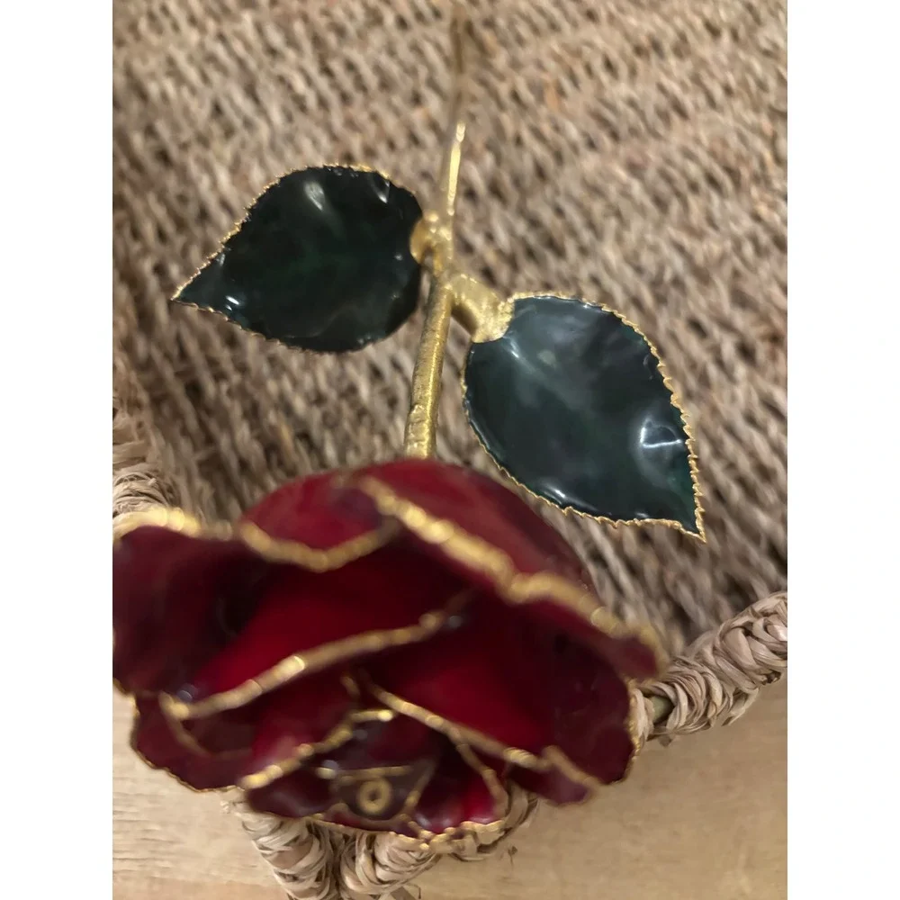24k Gold Dipped Real Rose Red Lacquer Preserved Long Stem Gold Trim Ornament